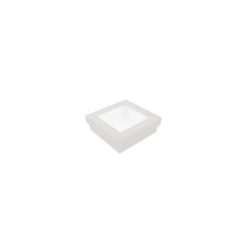 PETITES BOÎTES+COUVERCLES AVEC FÊNETRE THEPACK 750 ML 14x14x5 CM BLANC CARTON NANO-MICRO + PP + OPP (250 UNITÉ)